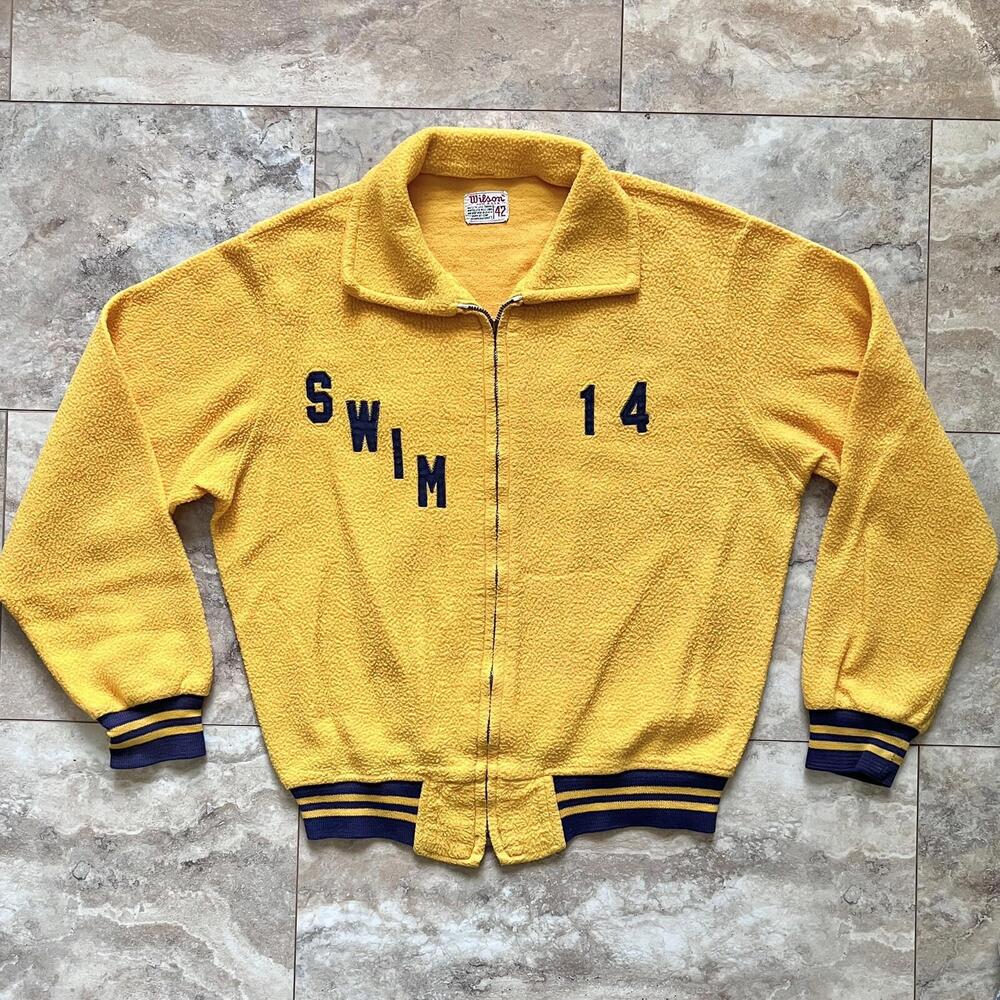 Vintage Wilson Fleece Full Zip Jacket Sz 42 Circa 60s-80s OWOSSO Swim - ZIP FLAW - Picture 1 of 15